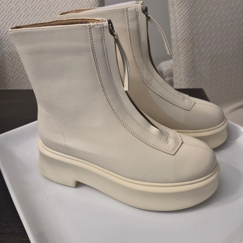 Womens Cream Front Zip Platform Ankle Boots Faux Leather Chunky Sole